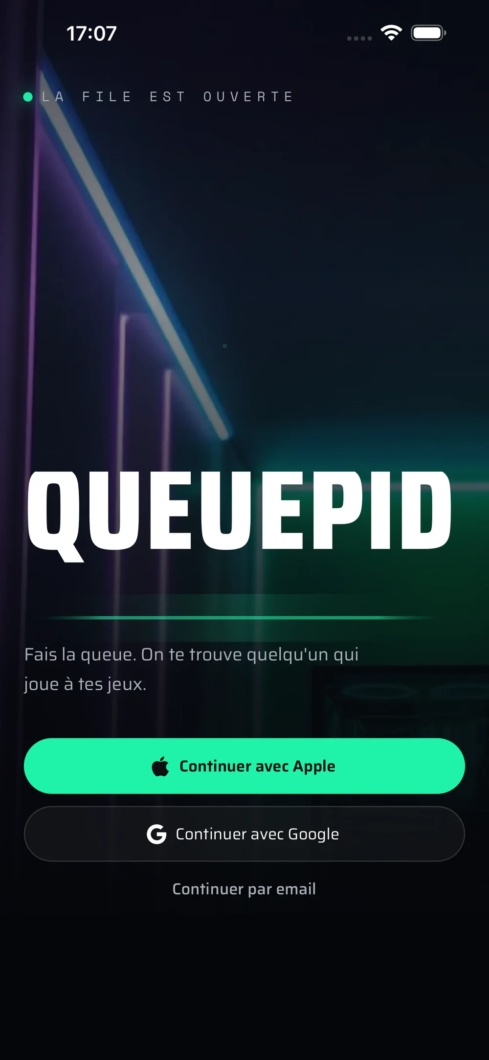 The Queuepid home screen, the wordmark set large over the queue of light.