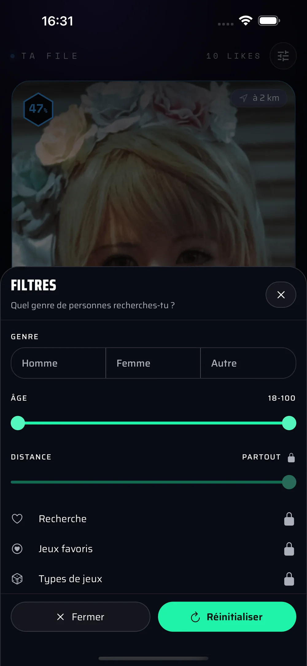 The filter panel: the genre, the age range and the distance, each on its own slider.