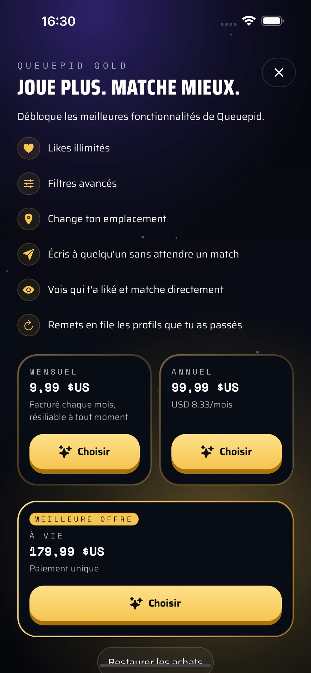 The Queuepid Gold subscription screen: the list of unlocked features, then the monthly, yearly and lifetime plans.