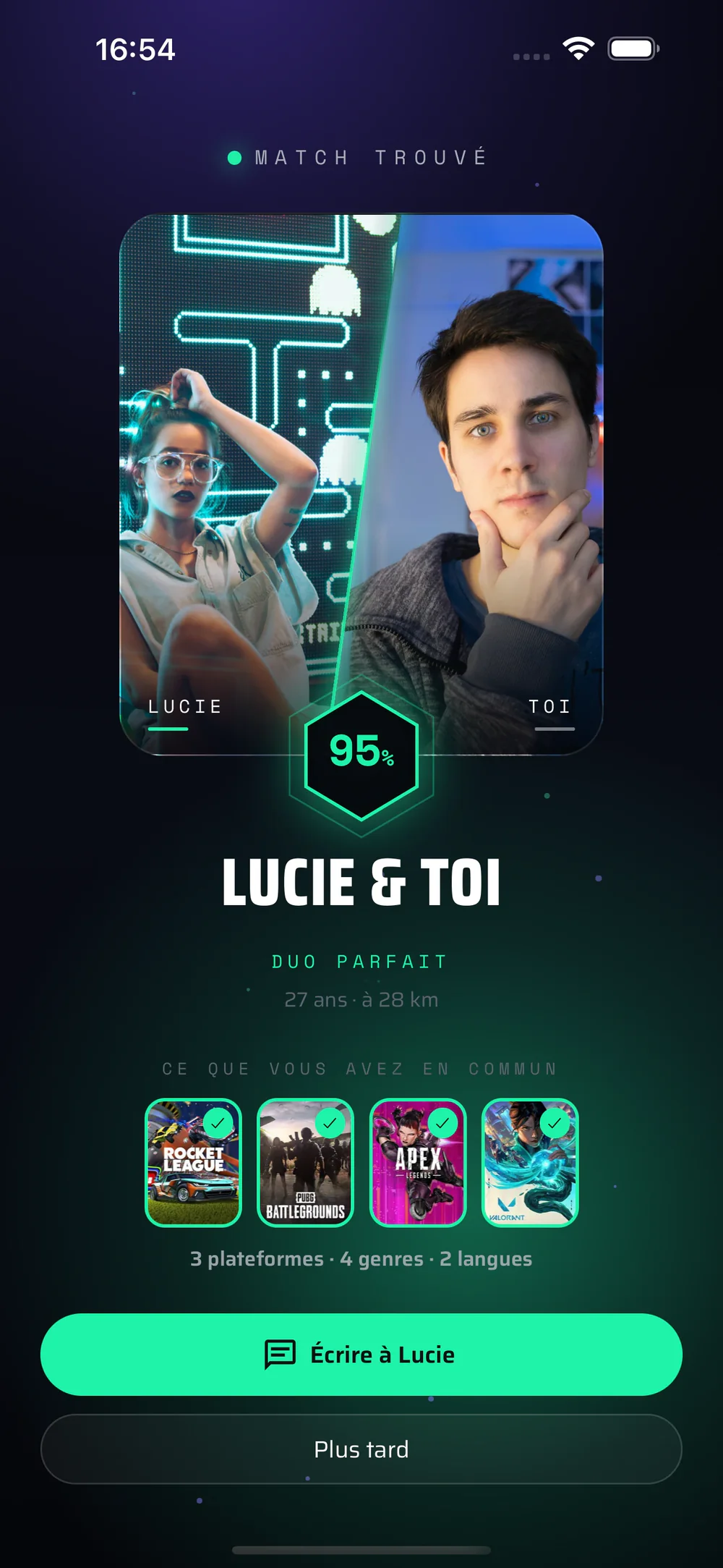 The match celebration screen: you and Lucie, 95% compatibility, with the cover art of the games you have in common.