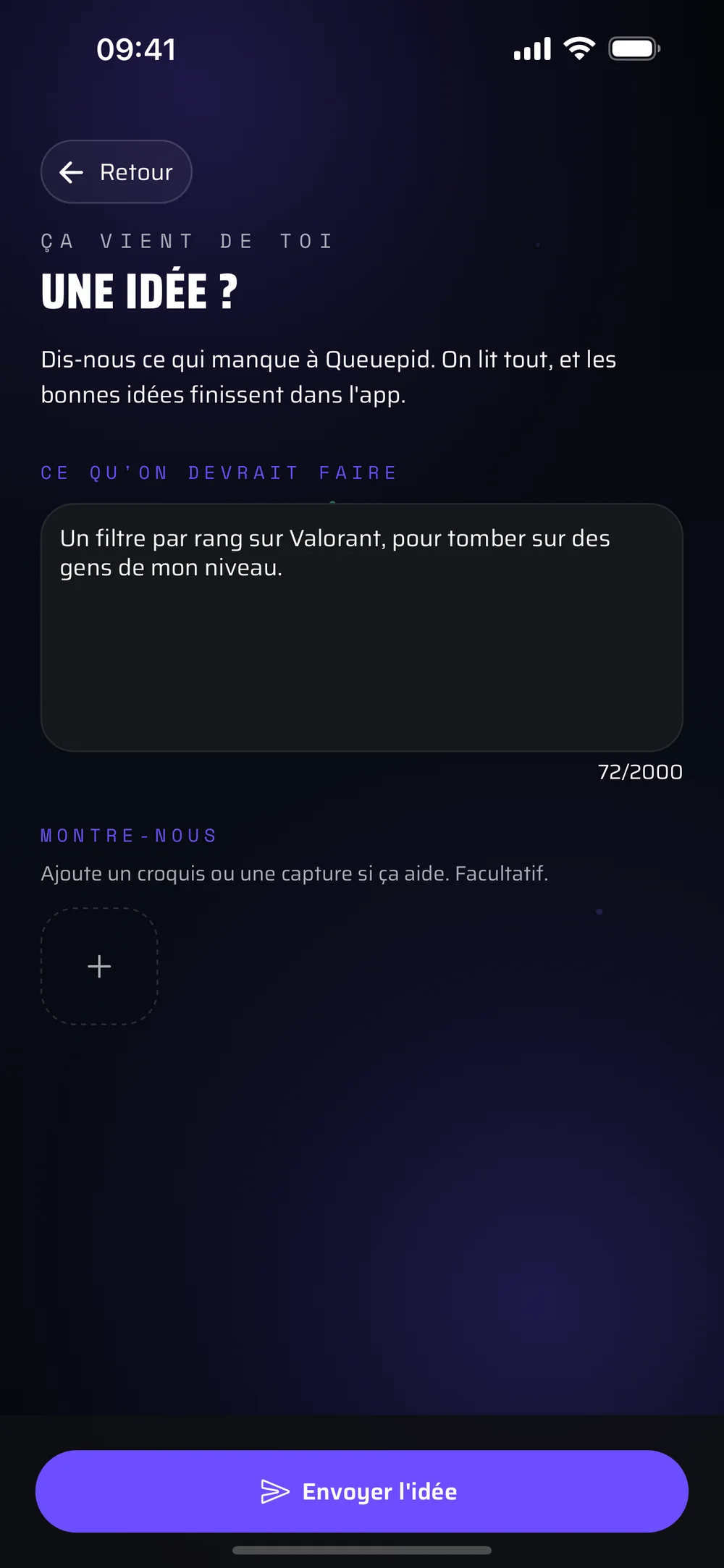 L'écran « Une idée ? » de l'app, avec une idée de filtre par rang écrite dans le champ