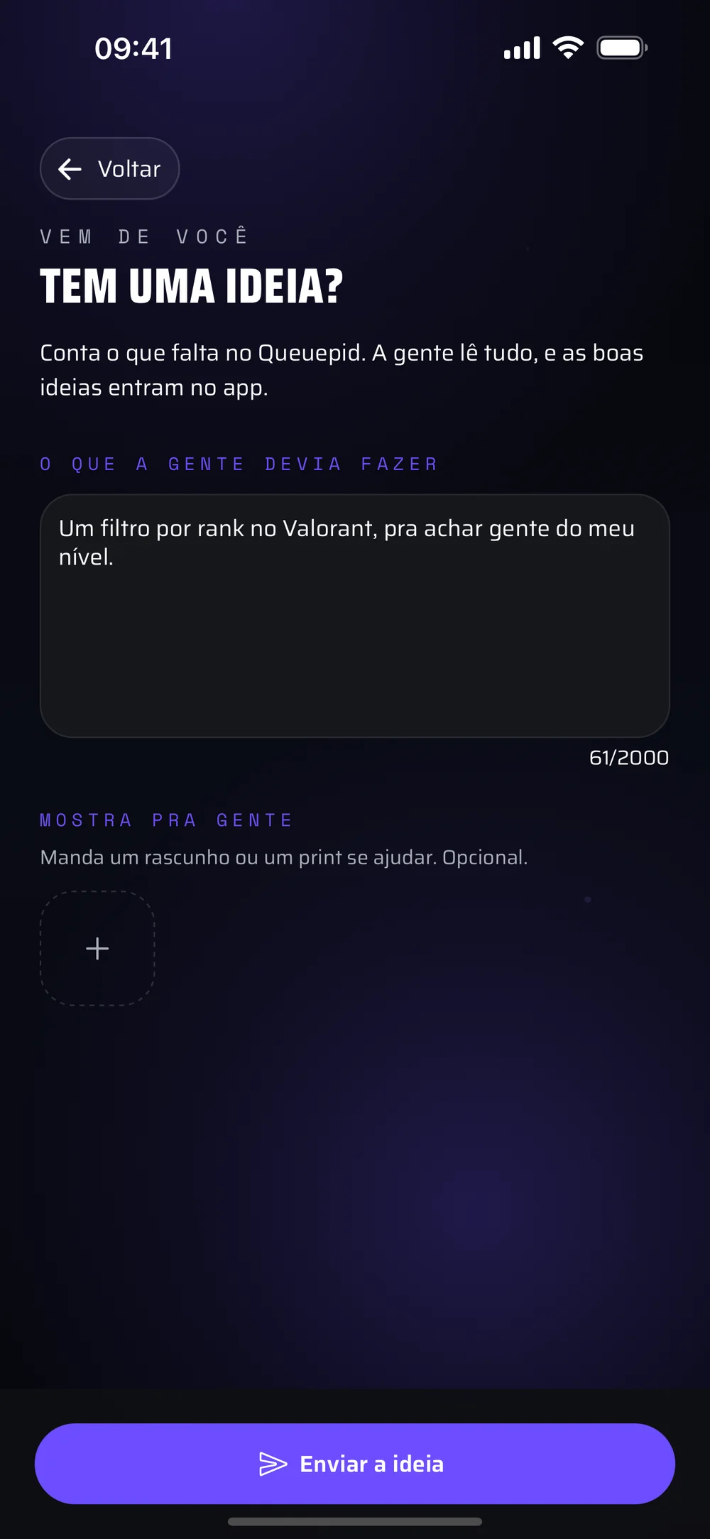 A tela de ideias do app, com a ideia de um filtro por rank escrita no campo