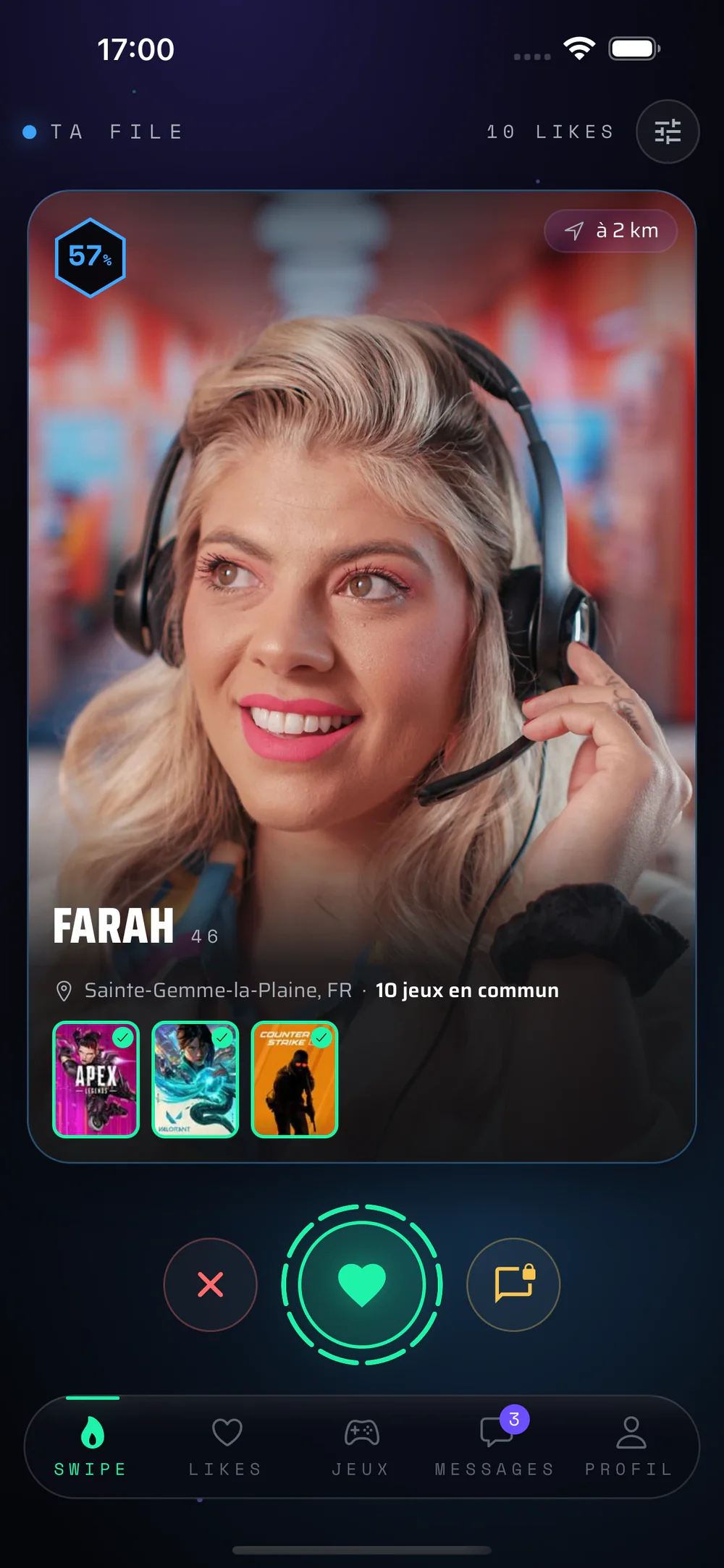 The queue: a profile card, its compatibility score and the covers of the games in common.